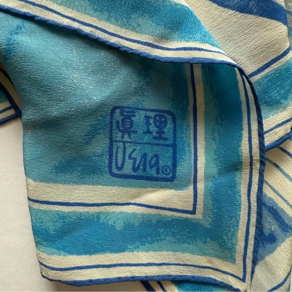 Vera Neumann Vintage Blue and White Abstract Pattern Square Scarf